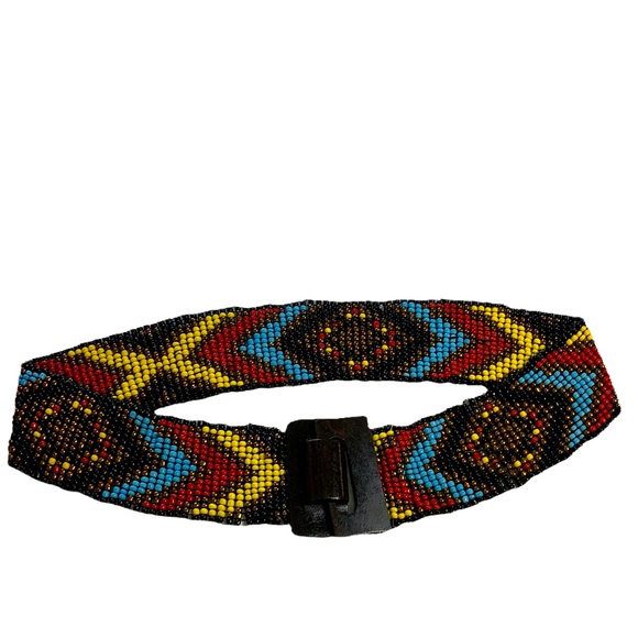 Accessories - Beaded Belt, Southwestern, Carved Wood Buckle, Adjustable, Elastic, Stretchy